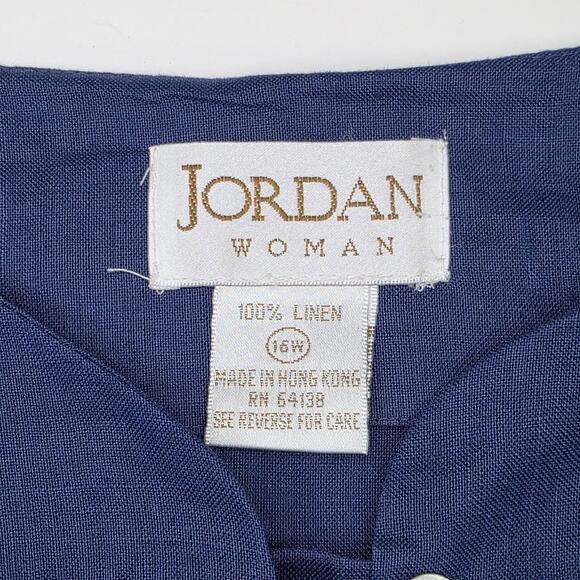 Vintage Jordan Women's 16W 100% Linen Boxy Button-Up Top Navy Blue Cottagecore - Picture 3 of 8